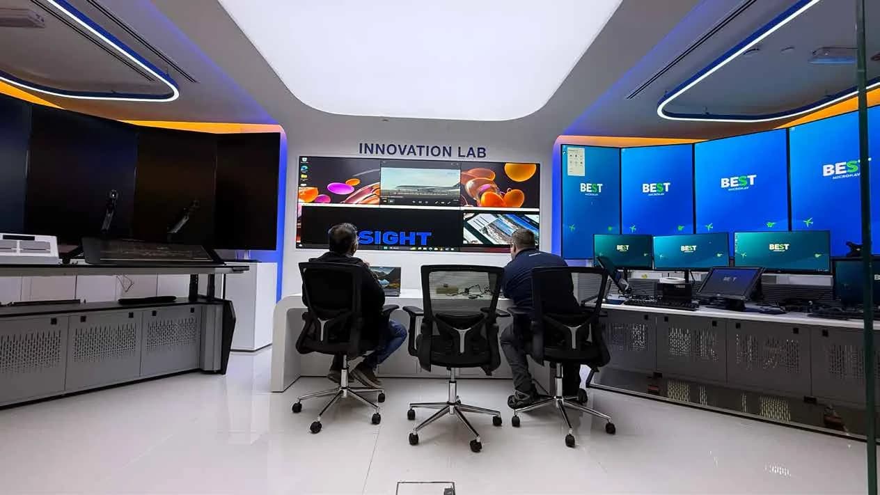 Bayanat Engineering innovation lab with workstations and video wall