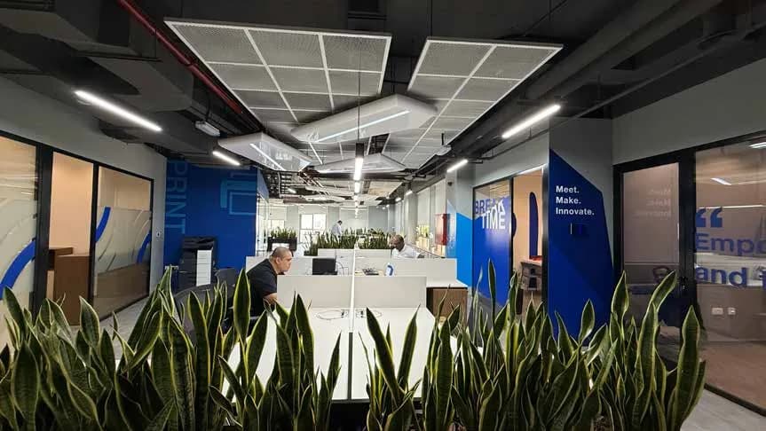 Bayanat Engineering breakout area with planting and glazed offices