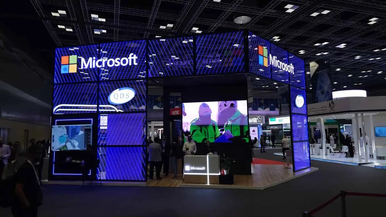 Microsoft ConTeq booth facade with engraved acrylic and LED skin effect