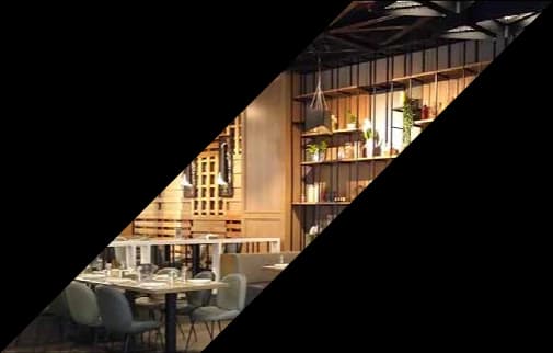 Restaurant interior with bespoke joinery, steel structure and pendant lighting