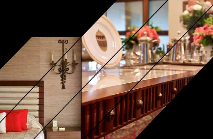 Hotel suite detail beside a timber and marble bar counter